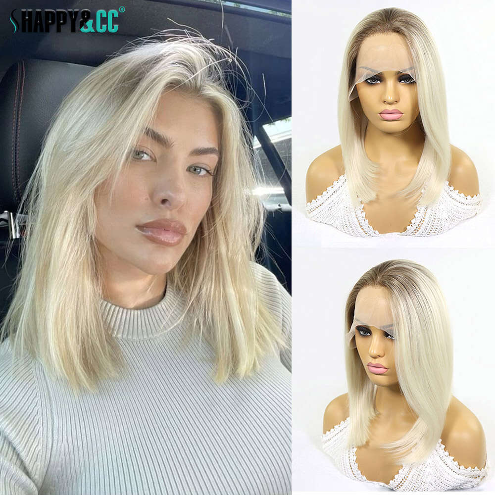Ash Blonde Short Front Bob Wigs For Women Dark Roots 613 Colored Synthetic Lace Ombre Cosplay Glueless Wig Daily Use
