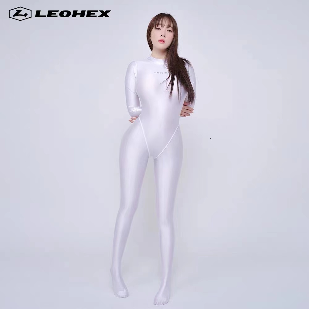 LEOHEX New Sexy Long-Sleeved Full-Body One-Piece Luster Solid Color Net Red Athletic Thin Swimsuit Yoga Clothes