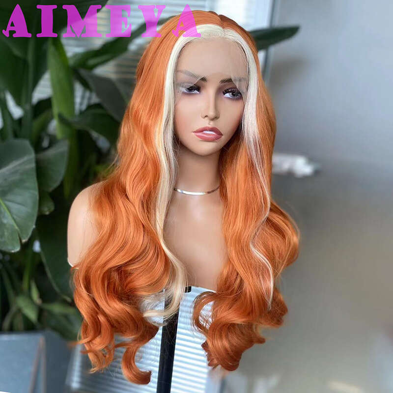 AIMEYA Orange With Blonde Highlights Front Wigs For Women Heat Resistant Hair Long Wave Synthetic Lace Wig