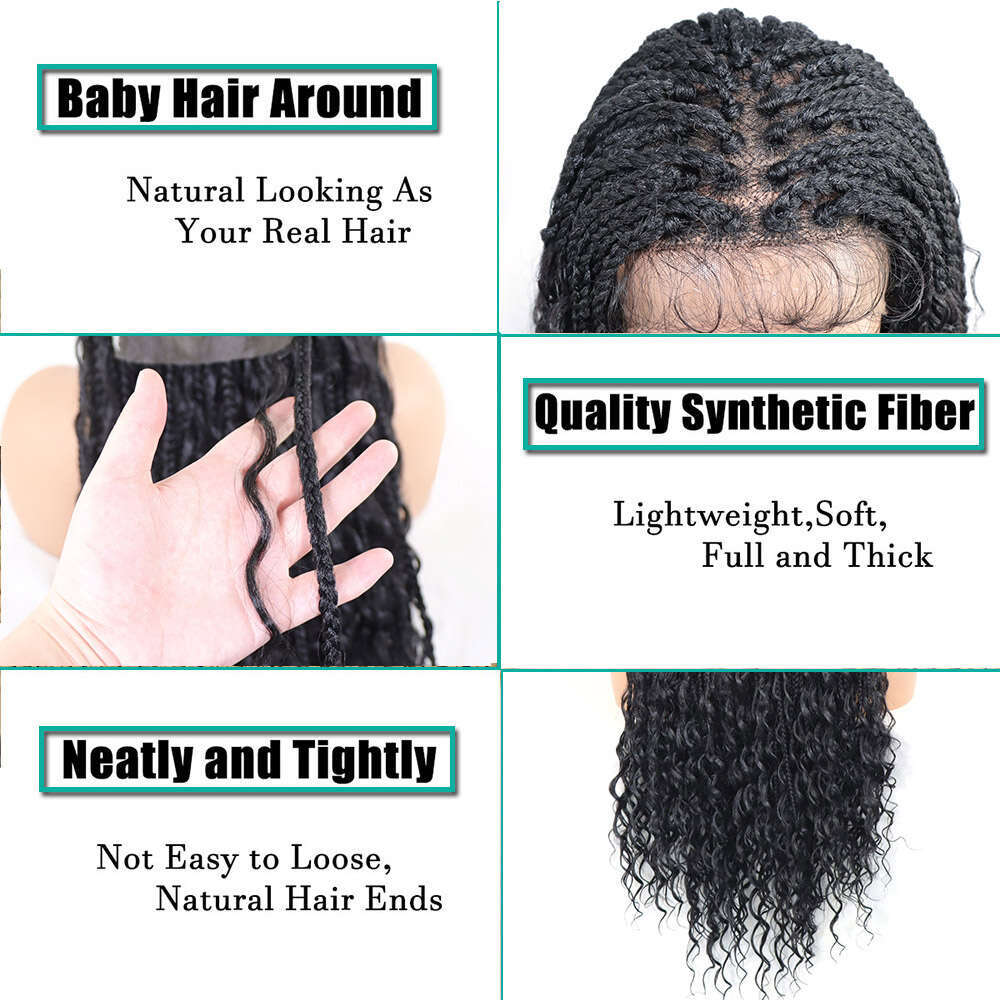 36Inch Boho Box Braided Wigs Synthetic Lace Front Goddess Locs Curly Ends Knotless Square Part Braid Wig With Baby Hair