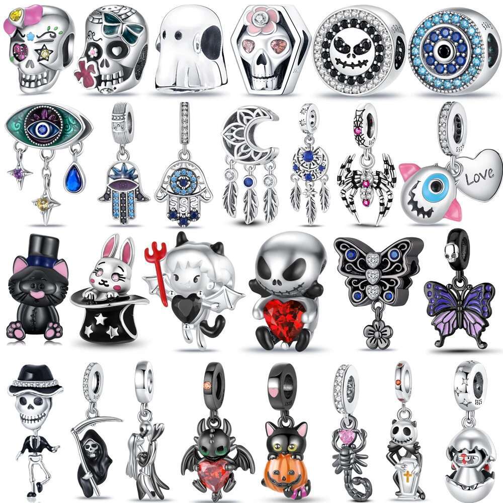 925 Skull Pumpkin Butterfly Moon Egg Dangle Charm Fit DIY Bracelet Necklaces Halloween Series Jewelry Sterling Silver Beads