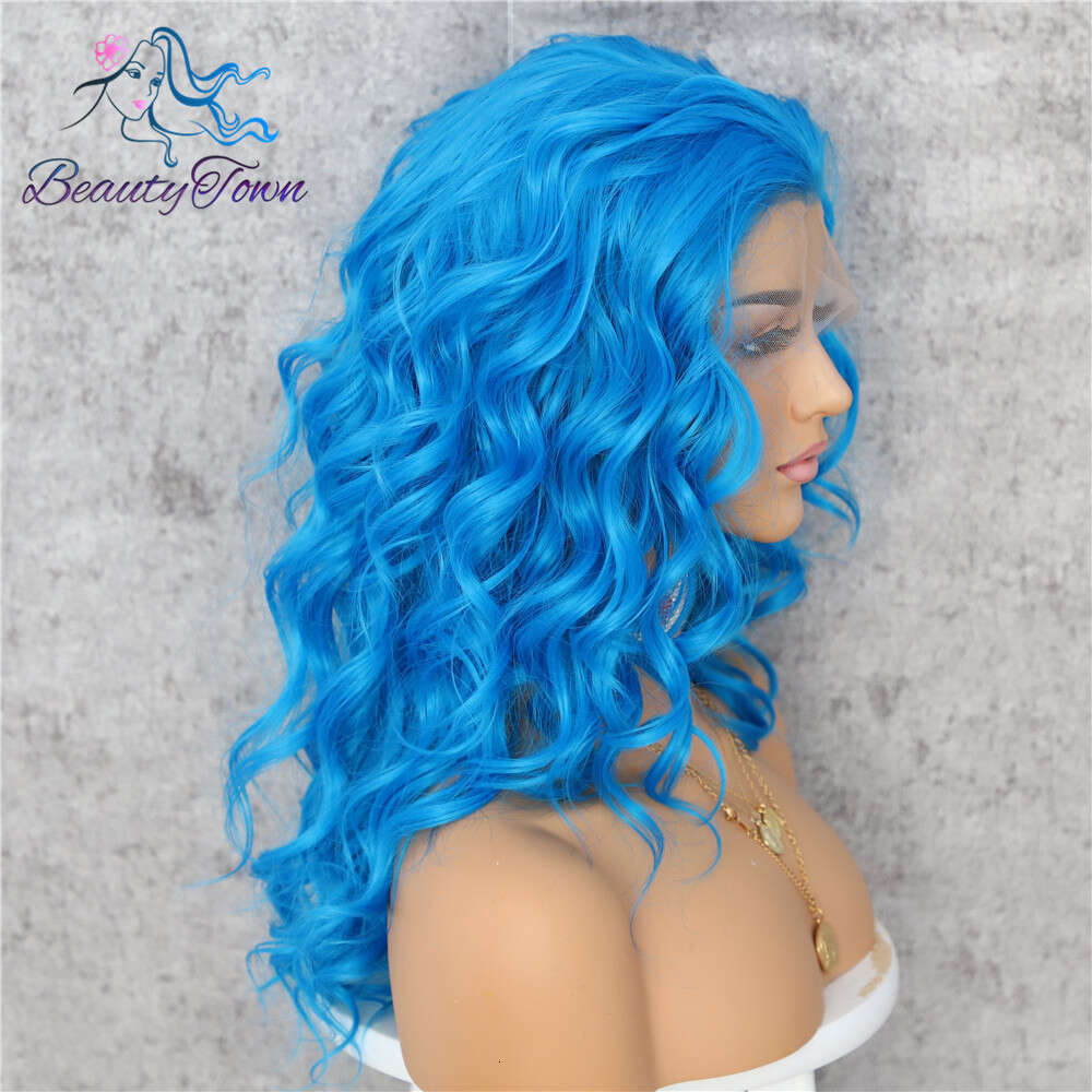 Short Wavy Synthetic Lace Front Wig Quality Blue 16'' Natural Pre-Plucked Haire Heat Resistant Women's Wigs For Daily Makeup