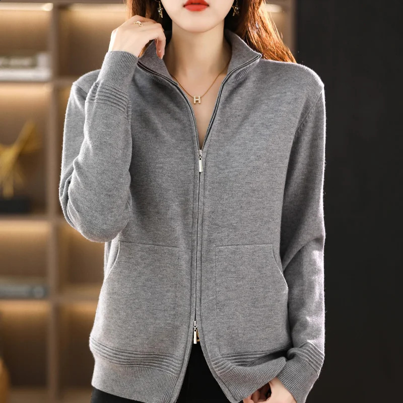 Autumn Winter Women Wool Sweater Clothing Cuff Thread Double Zipper Cardigan Fashion Female Casual Knitted Tops Soft Jacket 240904