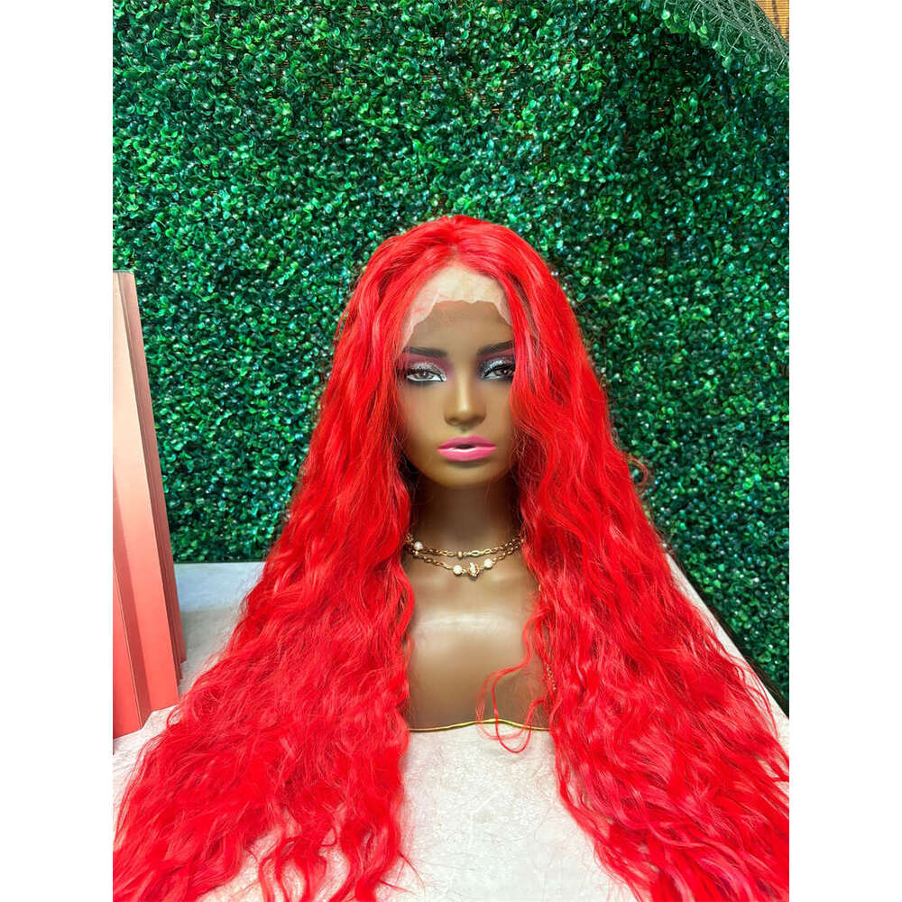 26 Inches Front Red Hair Body Synthetic Water Wave Wig For Black Women Ginger Transparent Lace Wigs