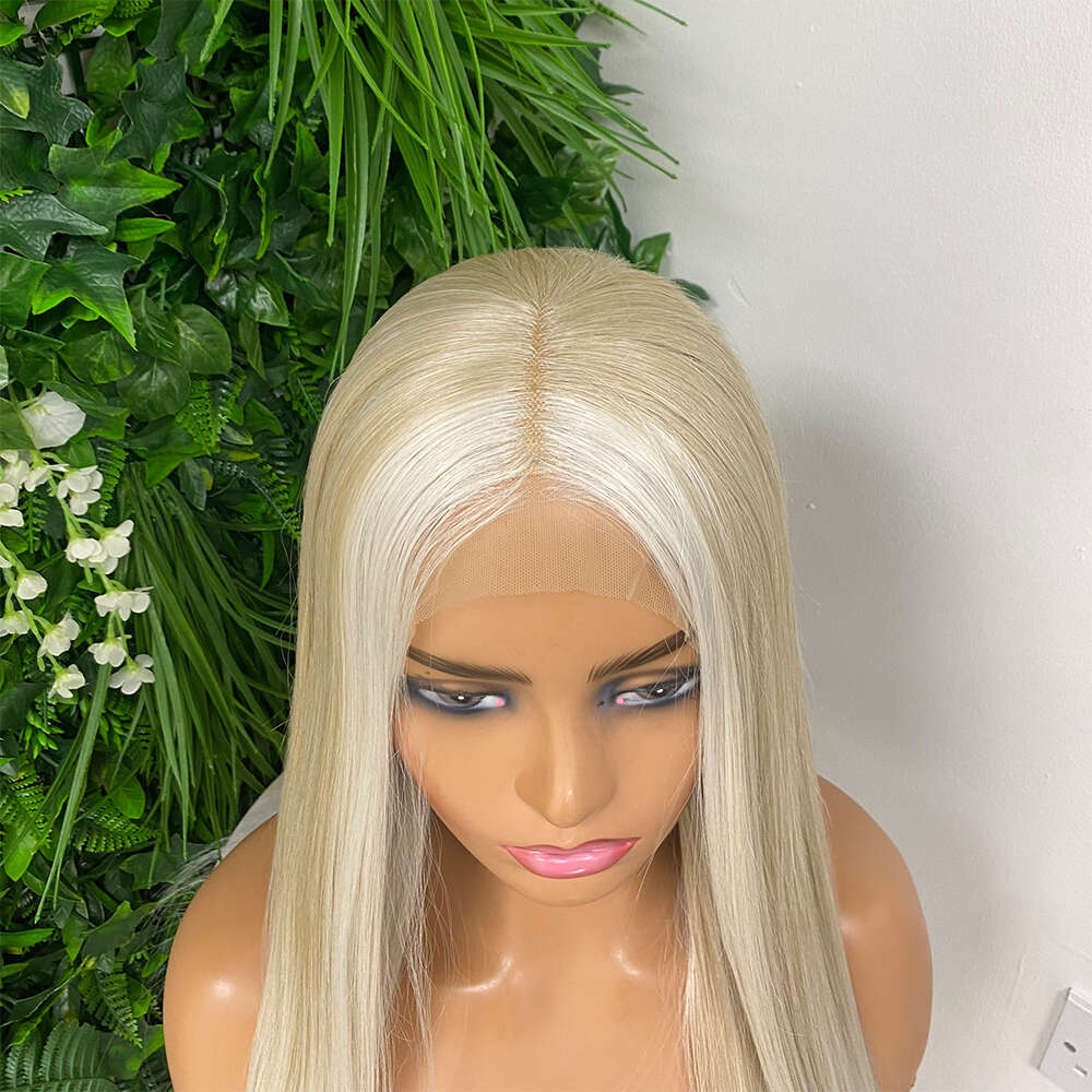 Heat Safe Synthetic Fibre Light Blonde Highlights Straight Lace Frontal Wig Blend Human Hair 13X4 Ready To Ship