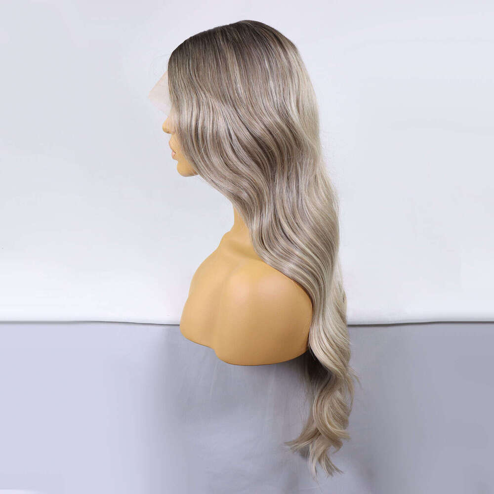 Ash Brown Synthetic Lace Front Wigs Highlight Body Wave Dark Roots Colored For Women Pre Plucked Ombre Blonde Glueless Wig