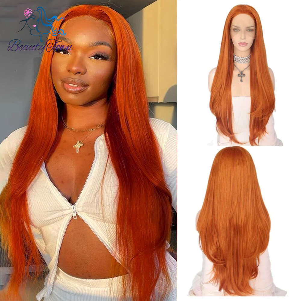 Beautytown Ginger Orange 13X3 Synthetic Lace Front For Women Straight Cheaper Natural Wig Heat Resistant Fiber Cosplay