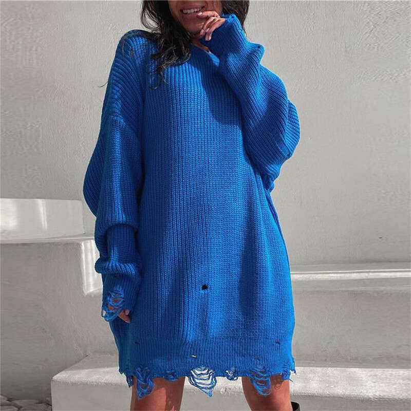Loose solid color perforated sweater mid to length autumn/winter 2024 spring/autumn round neck pullover long sleeved knit