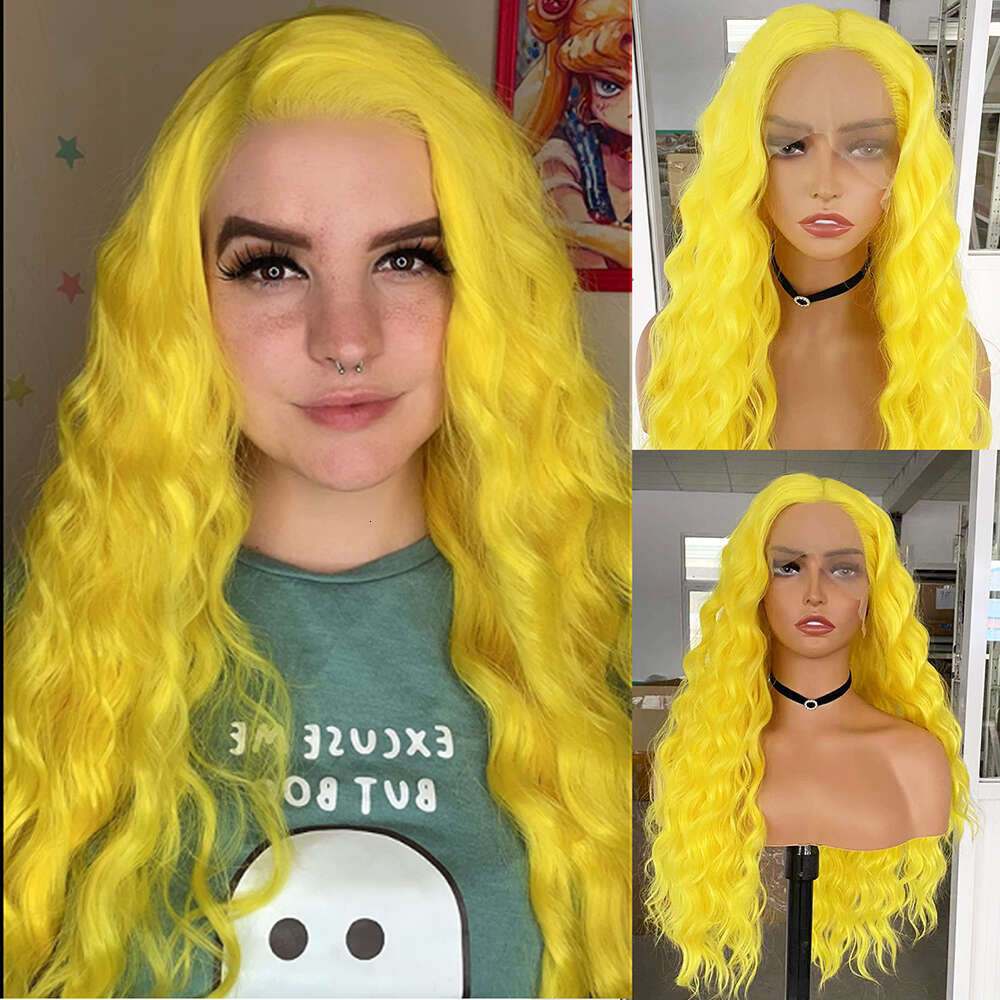 AIMEYA Lemon Yellow Synthetic Heat Resistant Lace Front Wigs Long Body Wave Daily Use Cosplay Party Wig