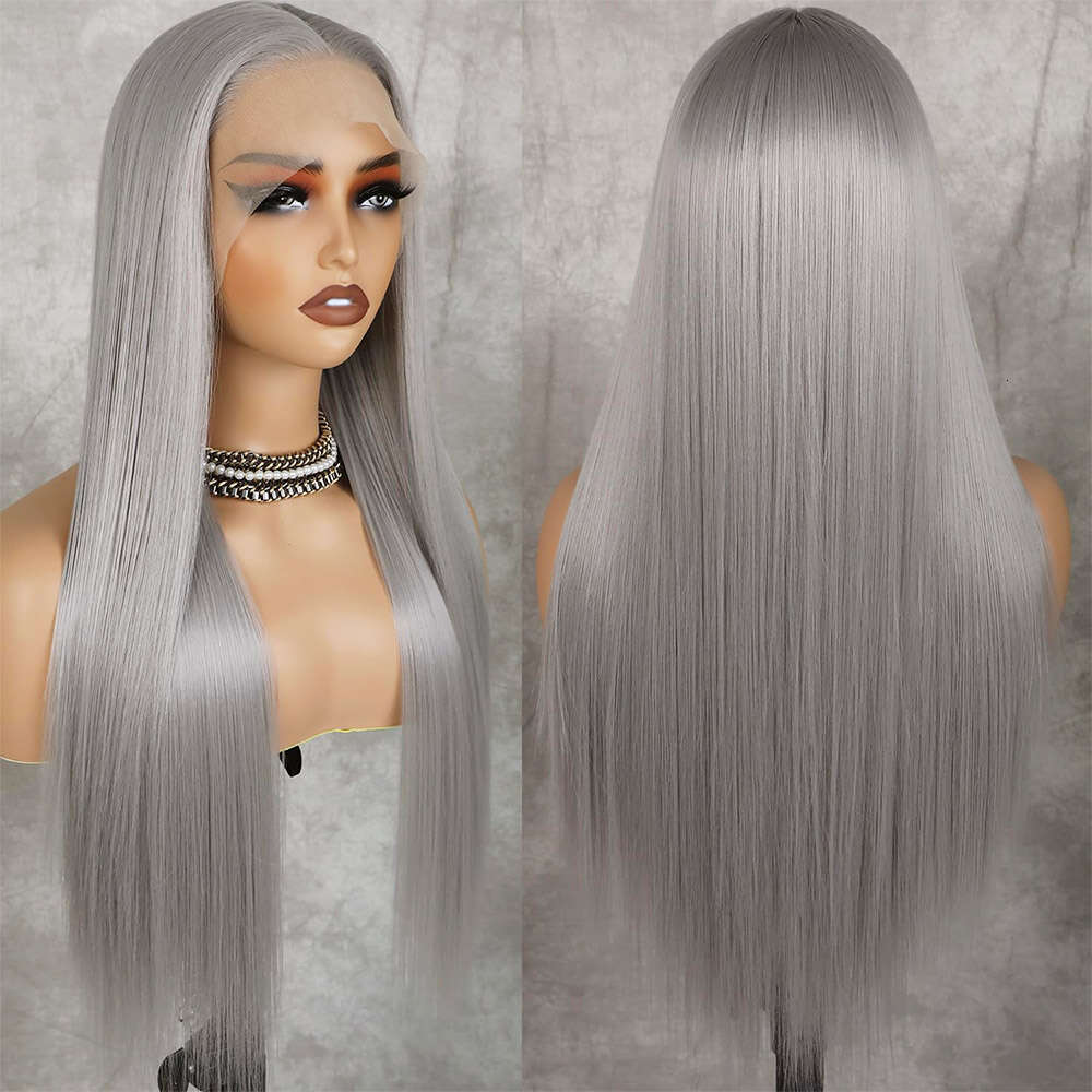 Grey Straight Front Synthetic For Women Pre Plucked Glueless 13X3 Lace Frontal Wig Colored Cosplay Hair
