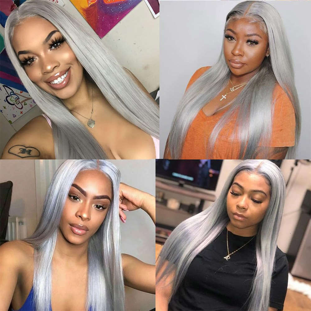 Grey Straight Front Synthetic For Women Pre Plucked Glueless 13X3 Lace Frontal Wig Colored Cosplay Hair