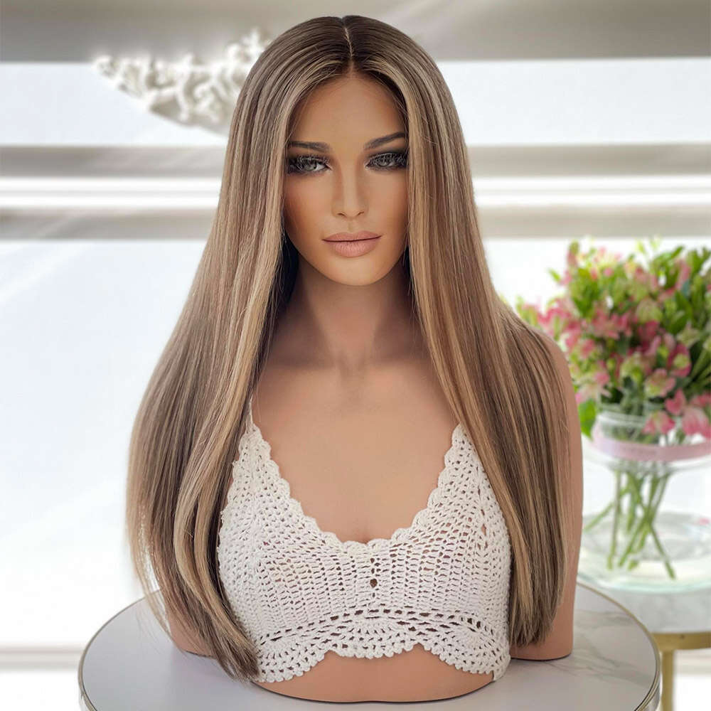 Brown Highlight Synthetic Lace Front Wigs Dark Roots 13X3 Colored Silky Straight Blonde Pre Plucked Wig For Women