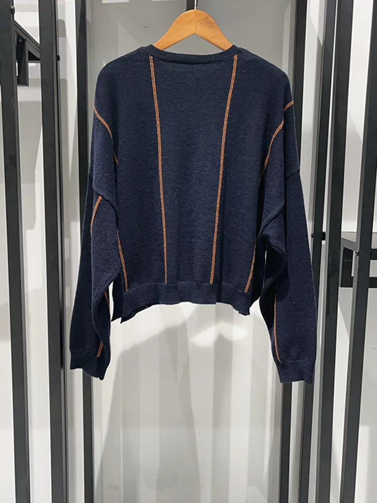 Women Wool Blend Vertical Stripes Sweater ONeck Long Sleeve Early Autumn Lady Elegant Fashion Knit Cardigan 240904