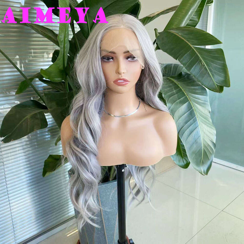 AIMEYA Sier Grey Lace Front Long Natural Wave Synthetic Hair Wigs For Women Heat Resistant Daily Use Cosplay Wig