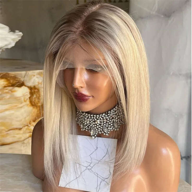 Fashion Ombre Ash Blonde Bob Lace Short Straight Middle Part Front Wig Heat Resistant Synthetic Hair Daily