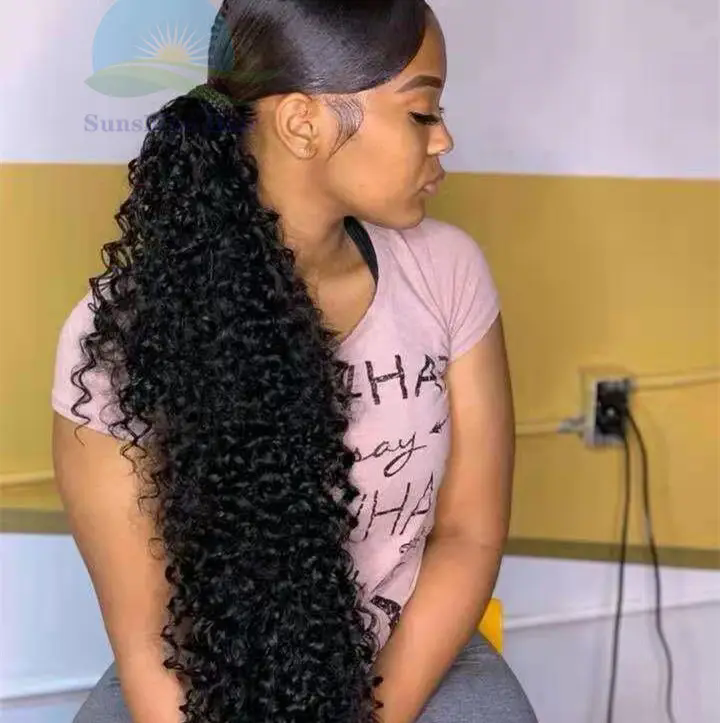 Jet black afro kinky curly clip in ponytail human hair extension for black women,Brazilian wraps around pony tail hairpiece 160g