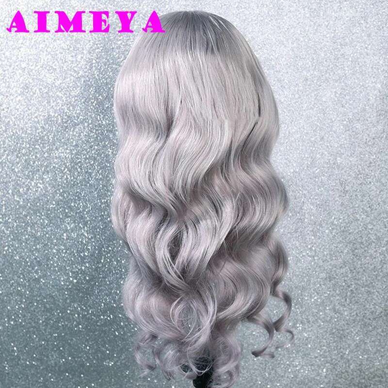 AIMEYA Sier Grey Long Body Wave Synthetic Lace Front Natural Haire Light Gray Heat Resistant Daily Wear Wig Cosplay