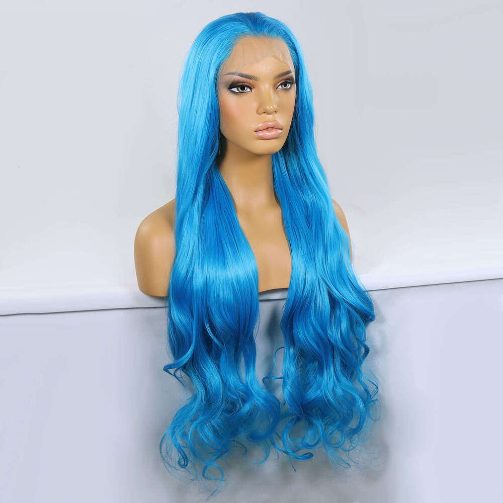 28Inch Blue Lace Front Wigs Long Natural Wave Synthetic Hair Pre Plucked 13X3 Glueless Cosplay Party Color Wig For Women