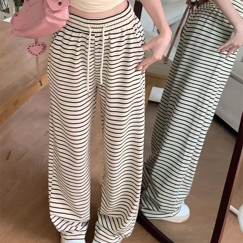 White striped wide-leg pants women's summer 2024 new high waist drape loose straight narrow version sports casual pants.