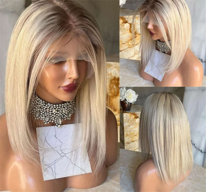 Fashion Ombre Ash Blonde Bob Lace Short Straight Middle Part Front Wig Heat Resistant Synthetic Hair Daily