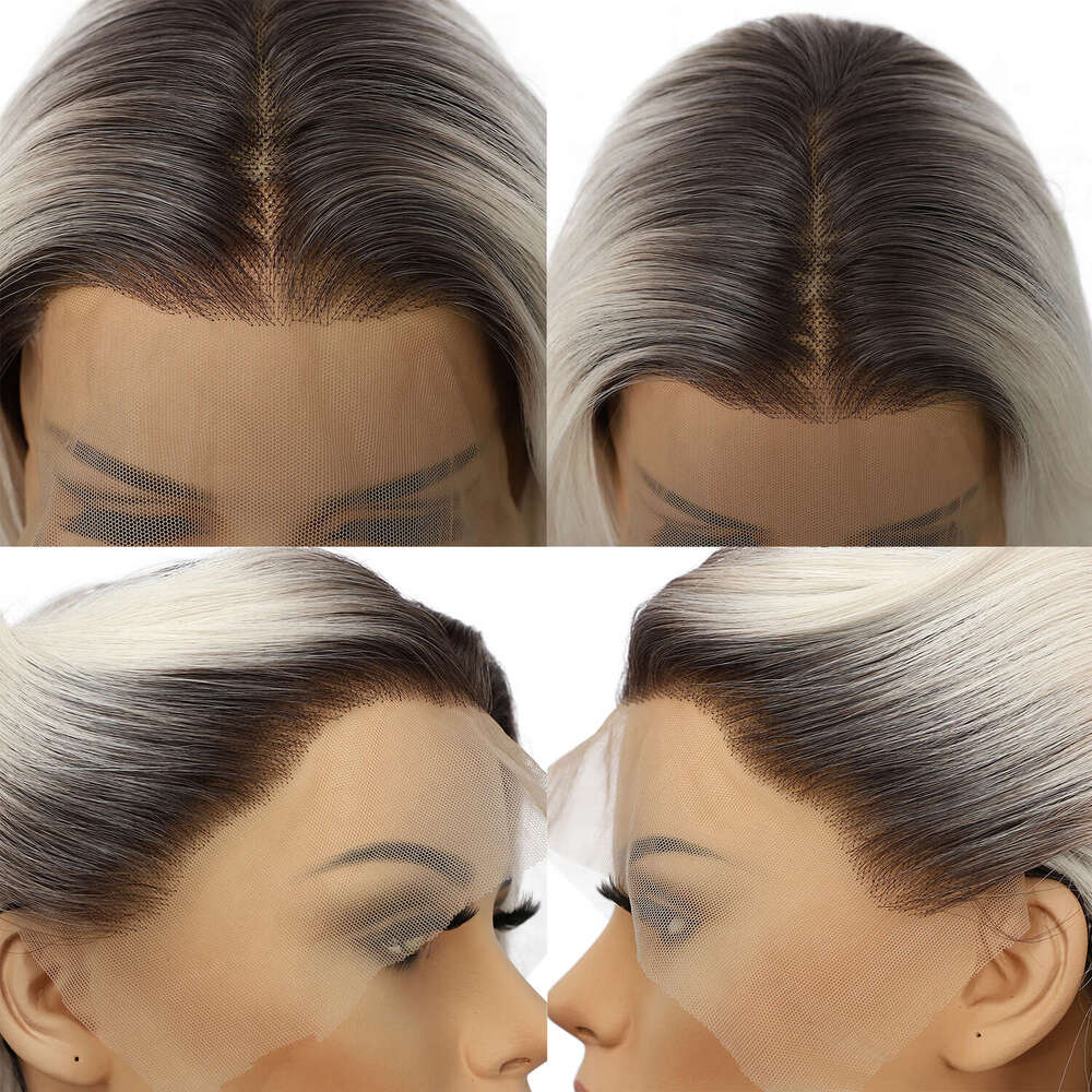 2024 13X4 Front Ash White Dark Roots Transparent Lace Daily Wear Heat Safe Premium Synthetic Wig