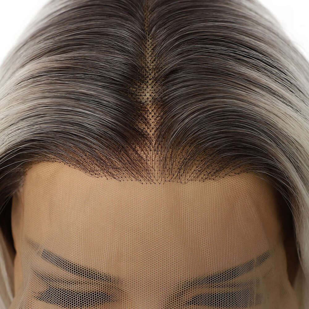 2024 13X4 Front Ash White Dark Roots Transparent Lace Daily Wear Heat Safe Premium Synthetic Wig