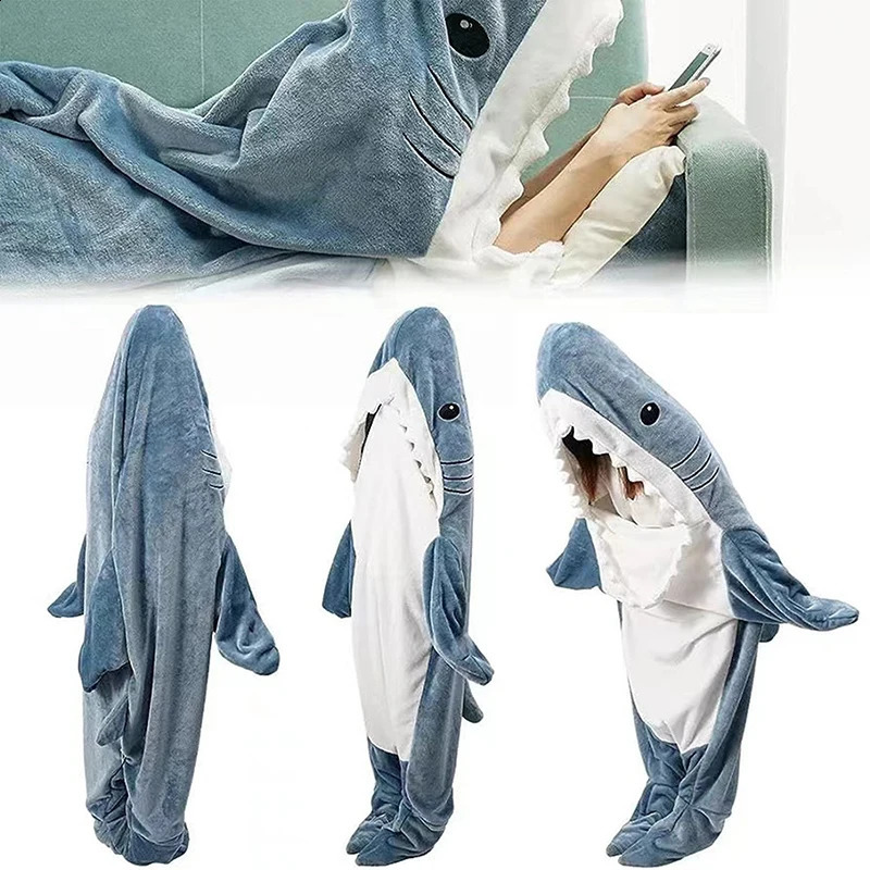 Hooded Flannel Shark One-Piece Pajamas Home Children Adult Men and Women Quirky Homewear Blanket 240910