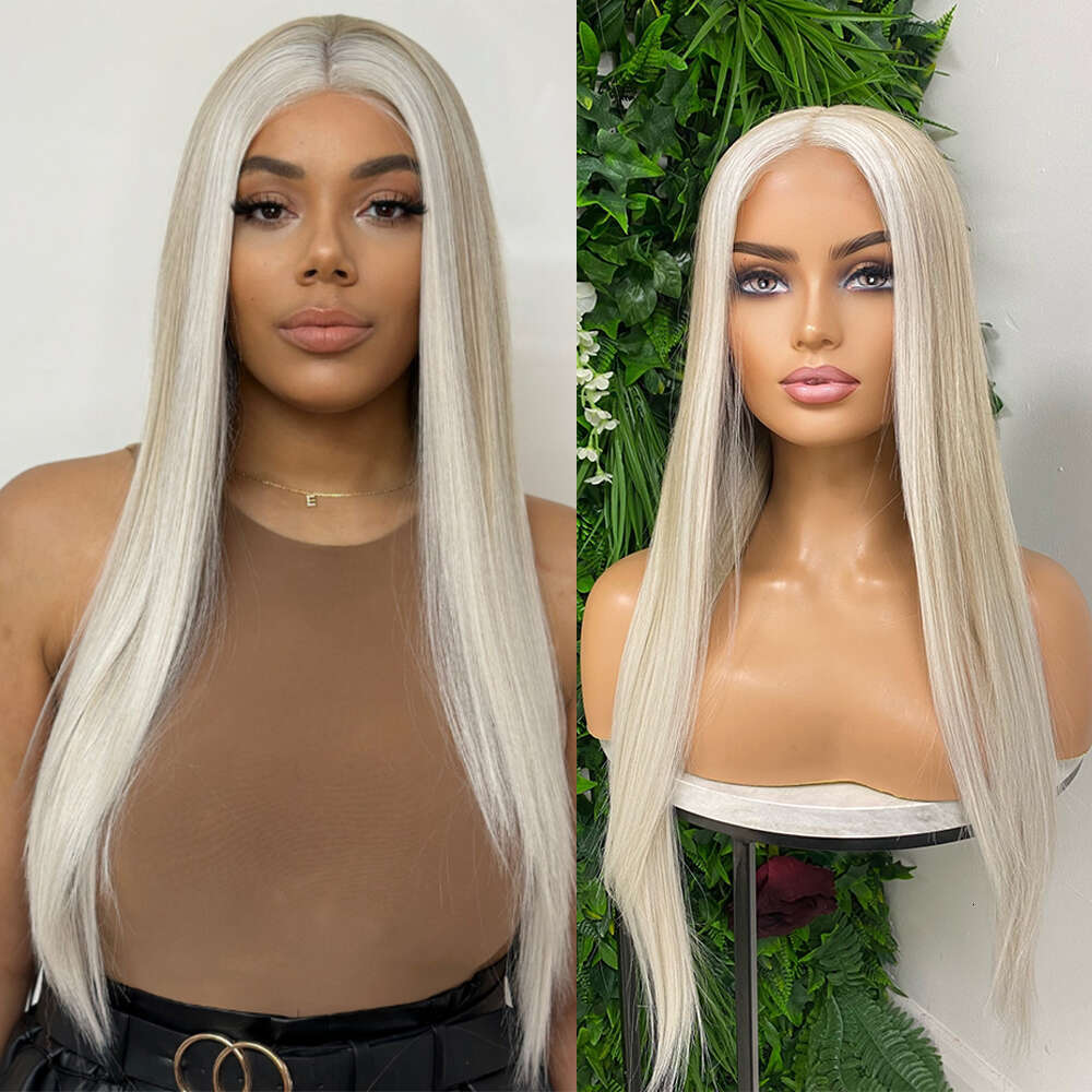 Heat Safe Synthetic Fibre Light Blonde Highlights Straight Lace Frontal Wig Blend Human Hair 13X4 Ready To Ship