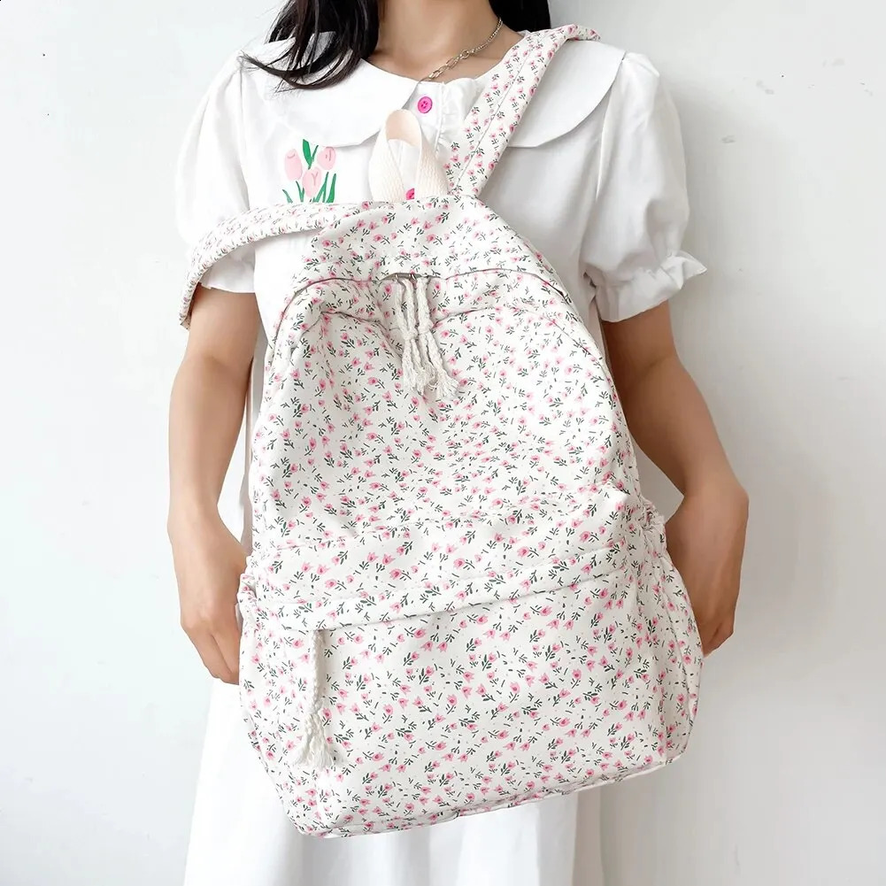 Korean Student School Backpack Floral White Bags For Teenage Girls Cute Womens Book Bag Nylon Rucksack 240914