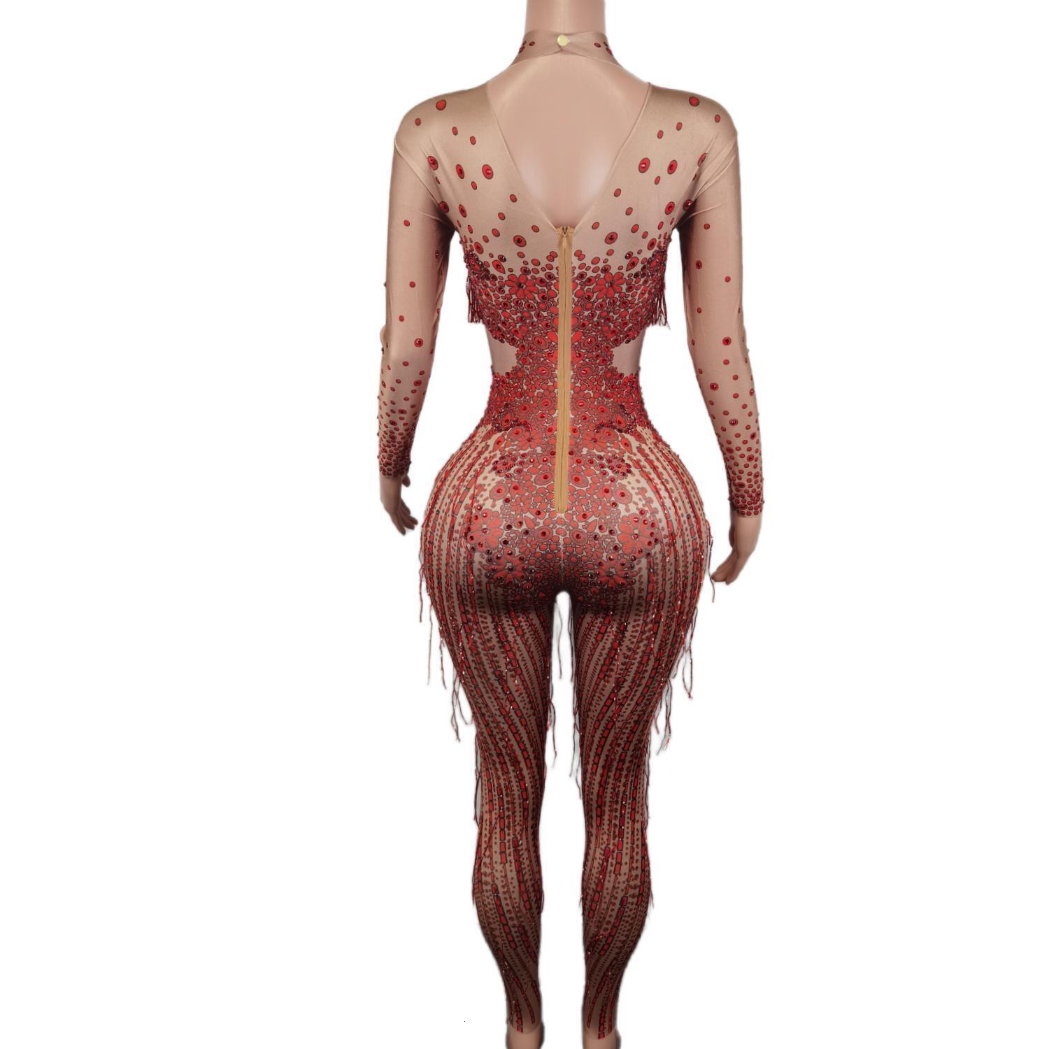 Sexy Red Spandex Bodysuit Rhinest Size Long Sleeve Jumpsuits Tassels Performance Costumes Party Evening Bodycon Romper