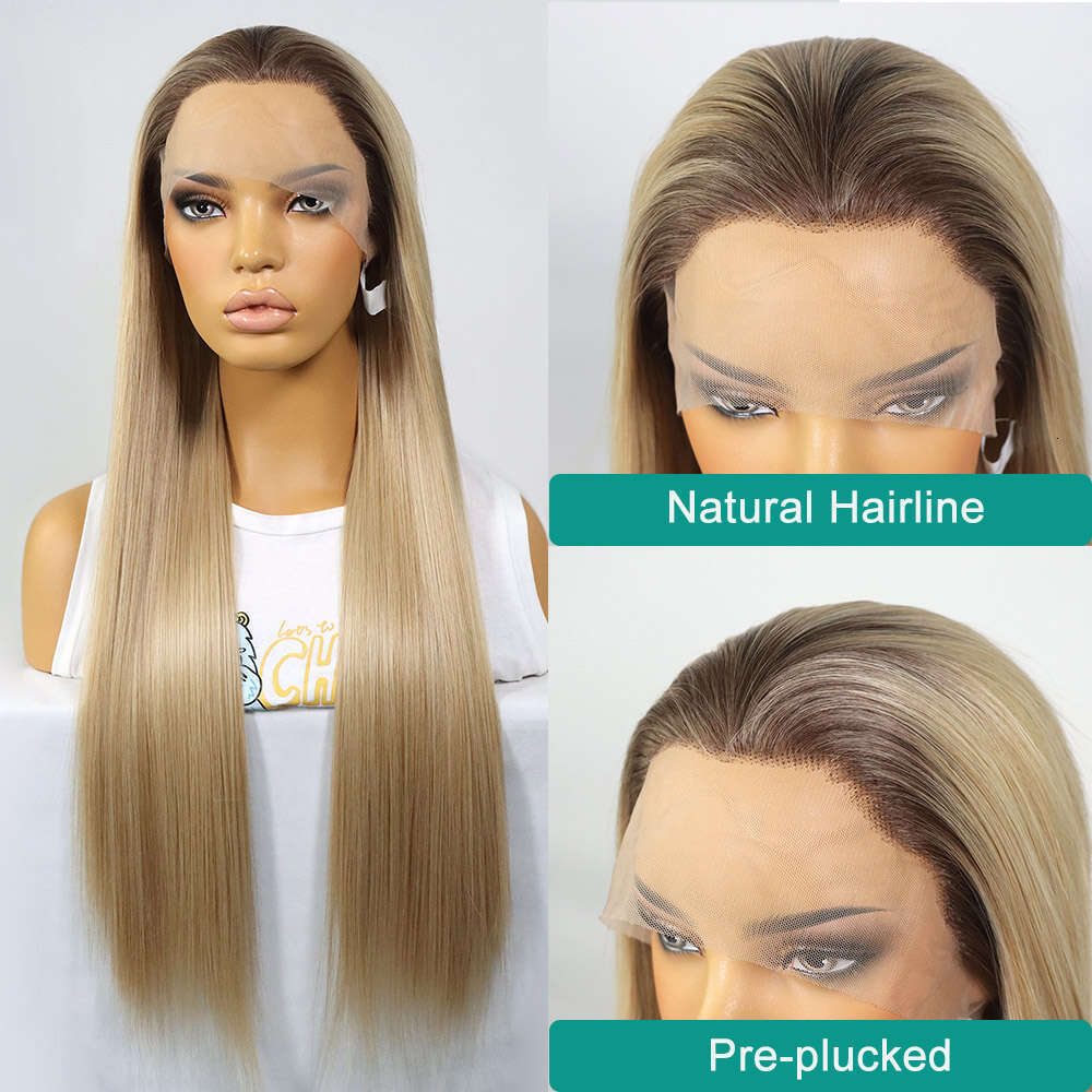 Ombre Honey Blonde Synthetic Lace Front Wigs Silky Straight Dark Roots Colored Heat Resistant Glueless 613 Wig For Women