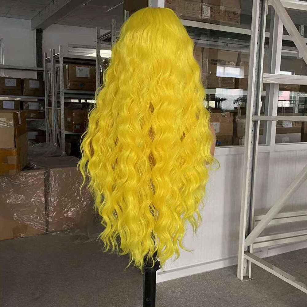 AIMEYA Lemon Yellow Synthetic Heat Resistant Lace Front Wigs Long Body Wave Daily Use Cosplay Party Wig