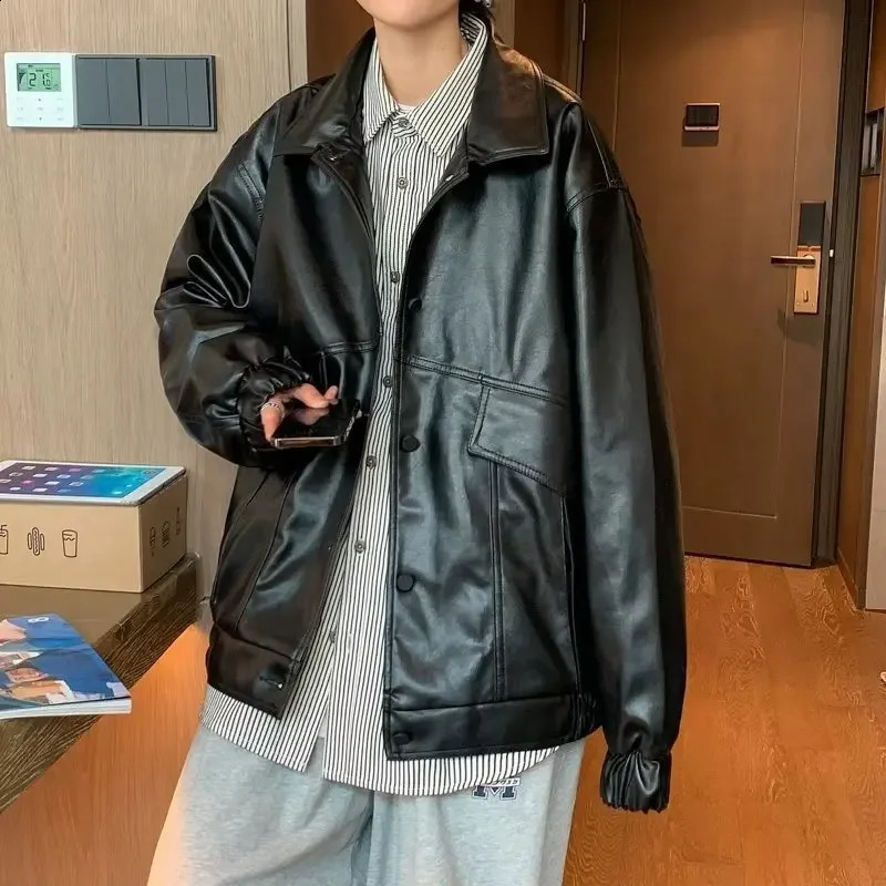 Trendy Korean Style Spring Autumn Flying Aviation Pilot Jacket Loosefit Mens Leather Biker Versatile Pu Coat 240905