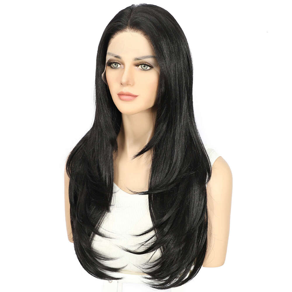2024 New 13X3 Synthetic Lace Front 1B Black Medium Long Layered Lift Daily Wear Women Wig 25~26Inches
