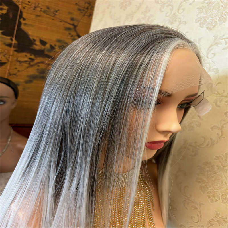 Ash HD Lace Front Wigs Silky Straight Ombre Colored Synthetic For Women Dark Roots Grey White Cosplay Glueless Wig