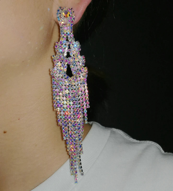 Crystal Chandelier Tassel Earrings Bohemian Rhinestone Fringe Chain Drop Dangle Earring Women Girls Valentines Day Wedding 240914