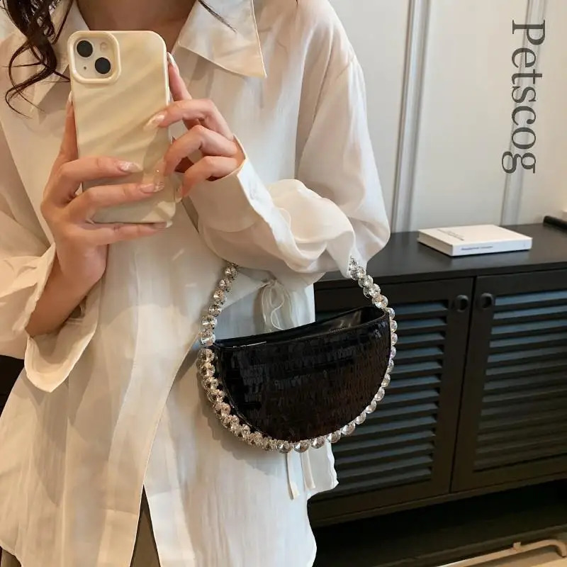 Women Round Handle Mini Sequin Clutch Women Y2K Fashion Diamonds Evening Underarm Shoulder Bag Handbags 240913