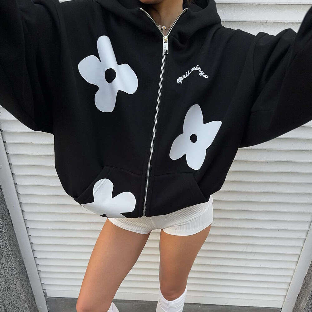 Flower print jacket autumn women's streetwear fashion trend brand loose and versatile sports hoodie for women