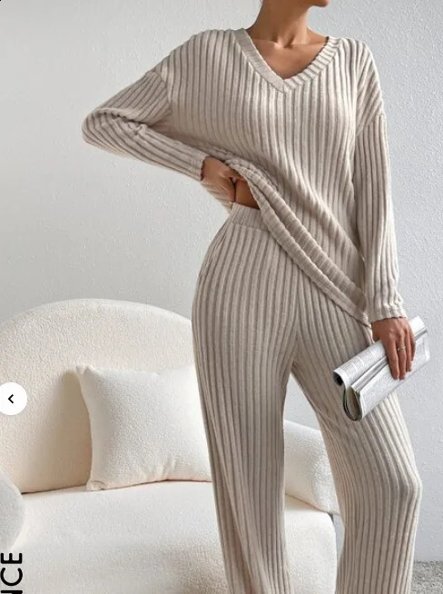 2024 Womens autumn winter knit cotton suit solid home clothes loose long-sleeved casual V-neck sweater straight pant trousers 240905