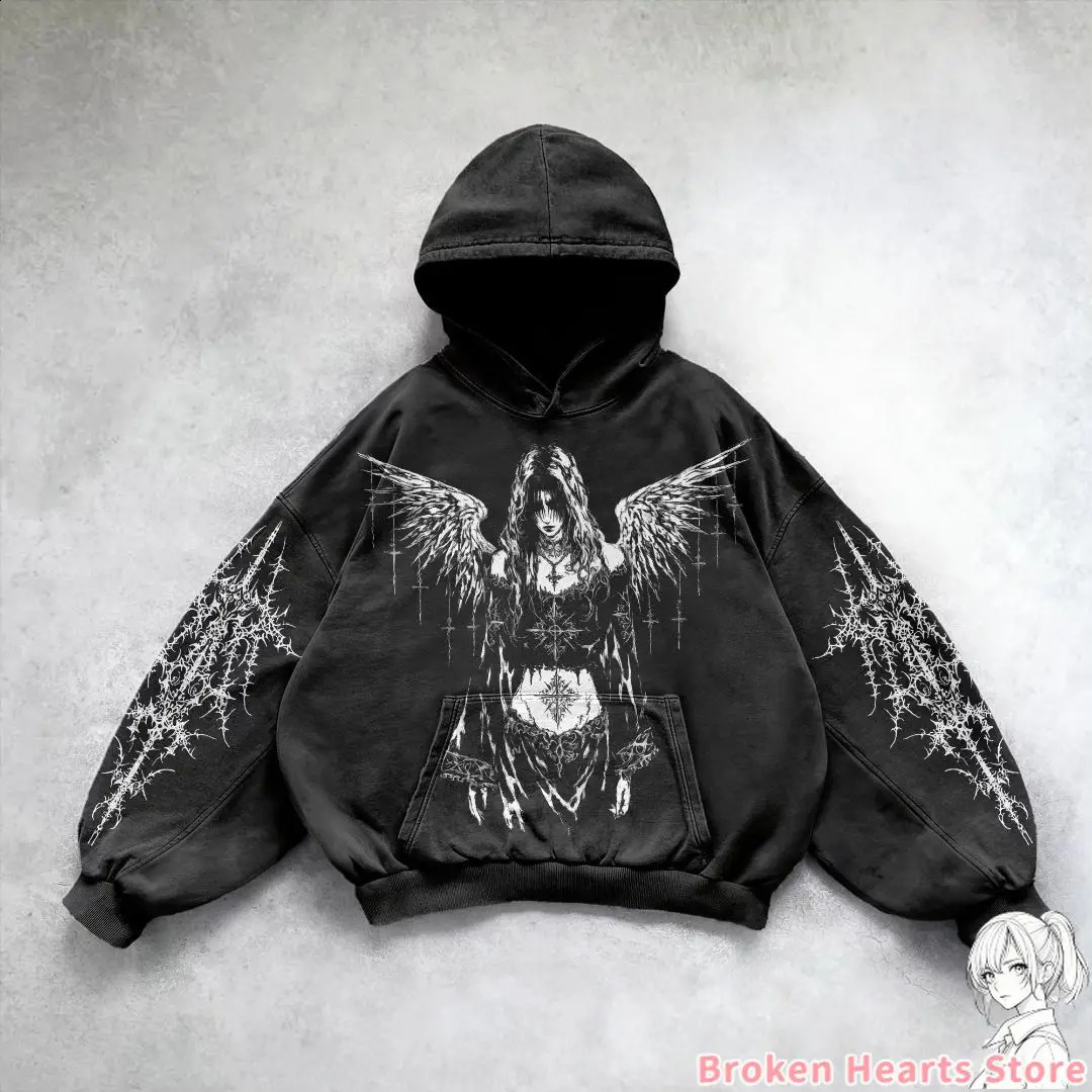Gothic punk devil girl print hoodie womens harajuku y2k top oversized street sweater couple clothing 240911