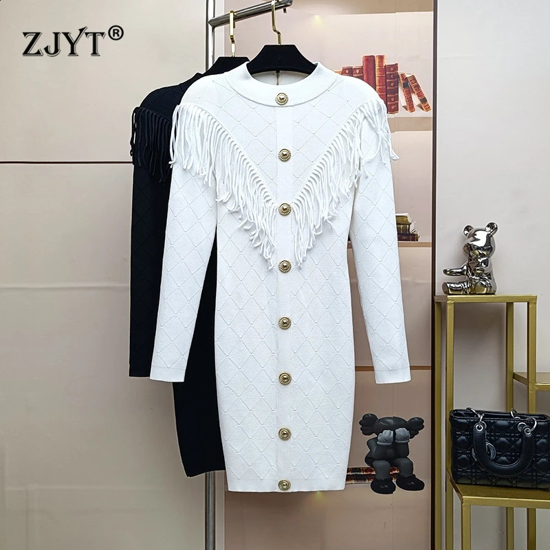 ZJYT autumn and winter long sleeved tassel knitted womens sweater elegant button white black short party dress vest 240913