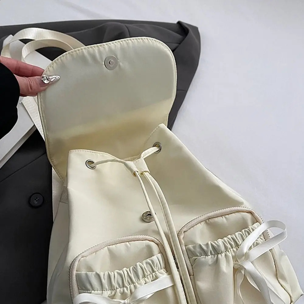 Leisure Korean drawstring backpack bow ballet style nylon bag solid color bucket bag bow shoulder bag 240912