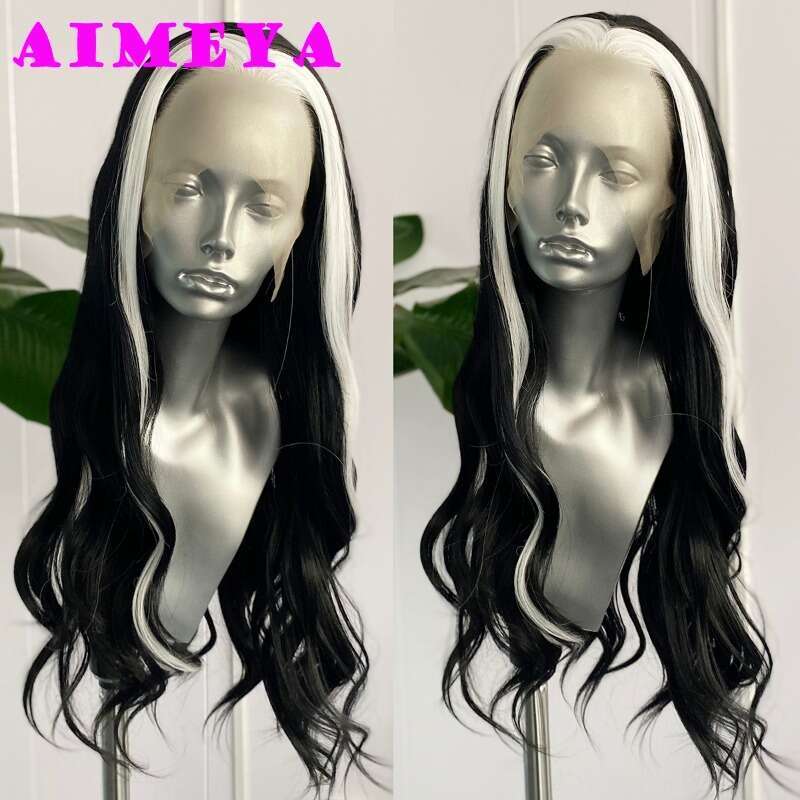 AIMEYA Black White Highlights Lace Front Synthetic Wig Long Natural Wave Heat Resistant Daily Use Cosplay Wigs Free Part