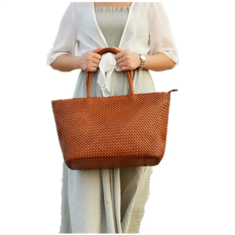 100% genuine leather womens shoulder bag summer casual interior fabric shopping vintage handbag 240913