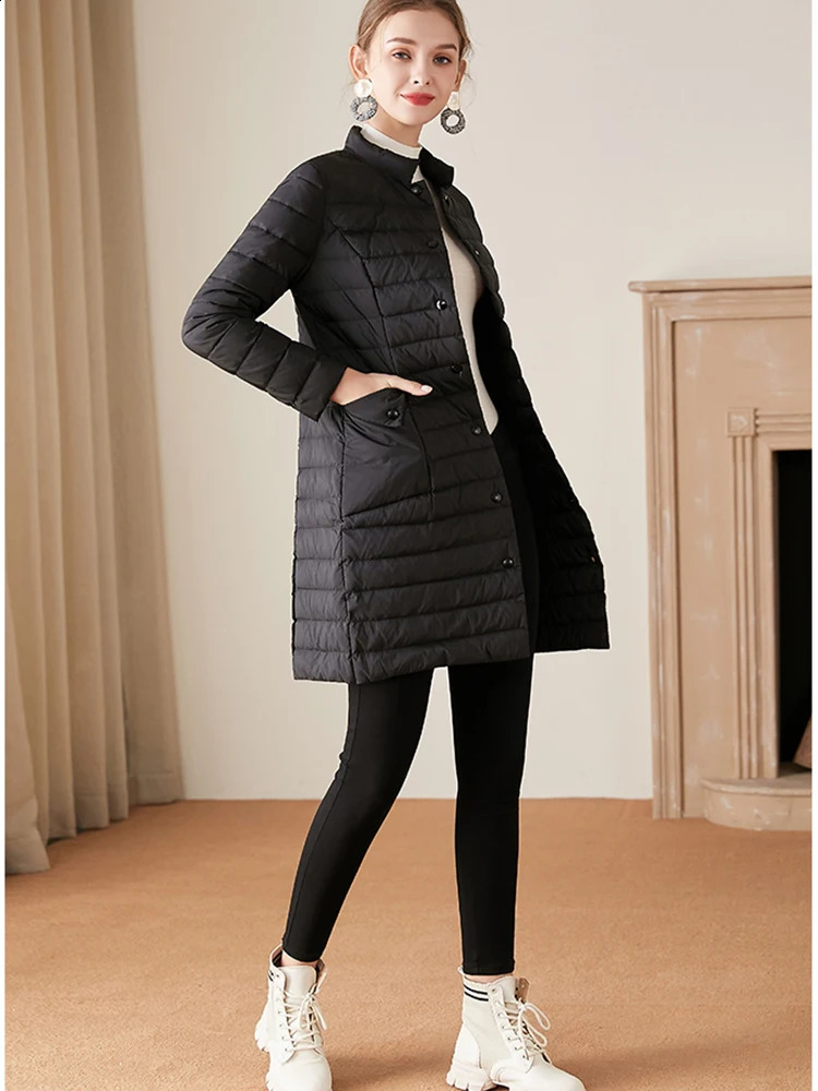 Womens medium to long winded lightweight stand up collar long sleeved down jacket with large pockets high-quality classic autonomous driving 240913
