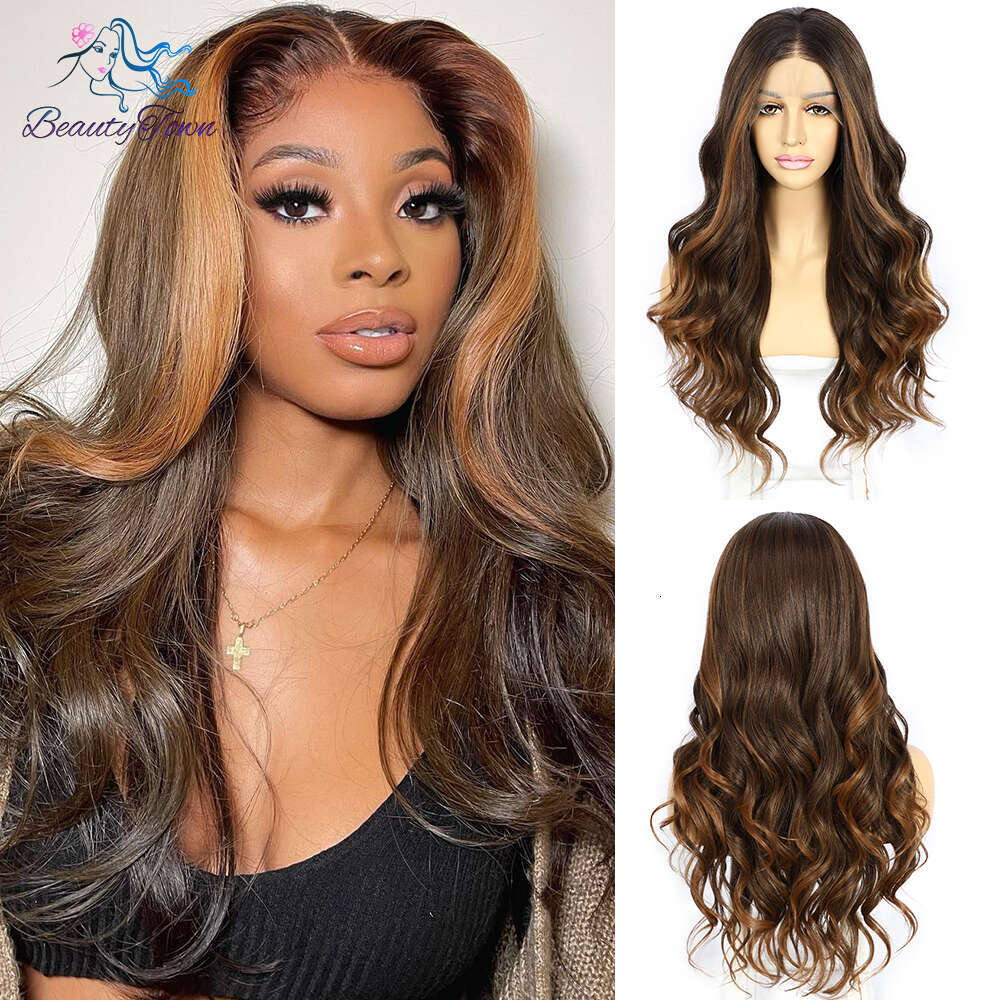 Brown Blonde Colored Synthetic Front Highlight Ginger Orange HD Transparent Lace Frontal Body Wave Full Cosplay Wig
