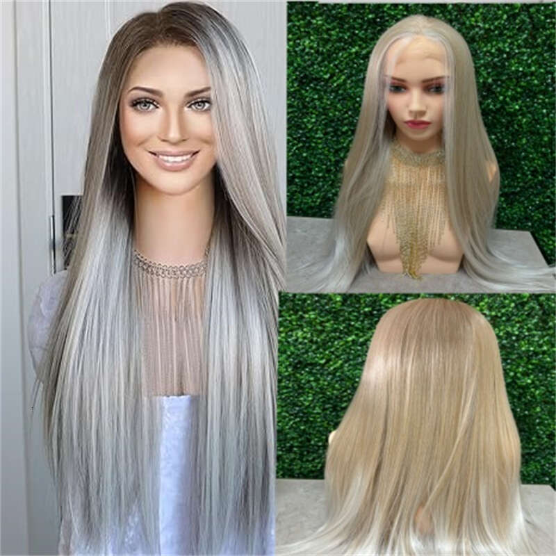 Ombre Ash Grey Straight Front Wig Natural With Dark Roots Synthetic Lace Wigs For Women Heat Resistant Fiber Hair