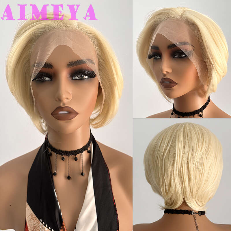 AIMEYA 613 Blonde Short Wigs Natural Looking E Cut Heat Resistant Synthetic Hair Lace Front Wig Daily Use Cosplay Party