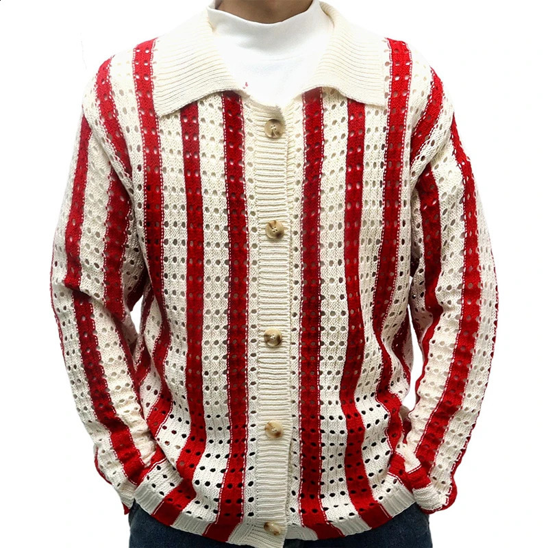 Mens hollow cardigan sweater casual long sleeved lapel button retro y fashion knit 240906