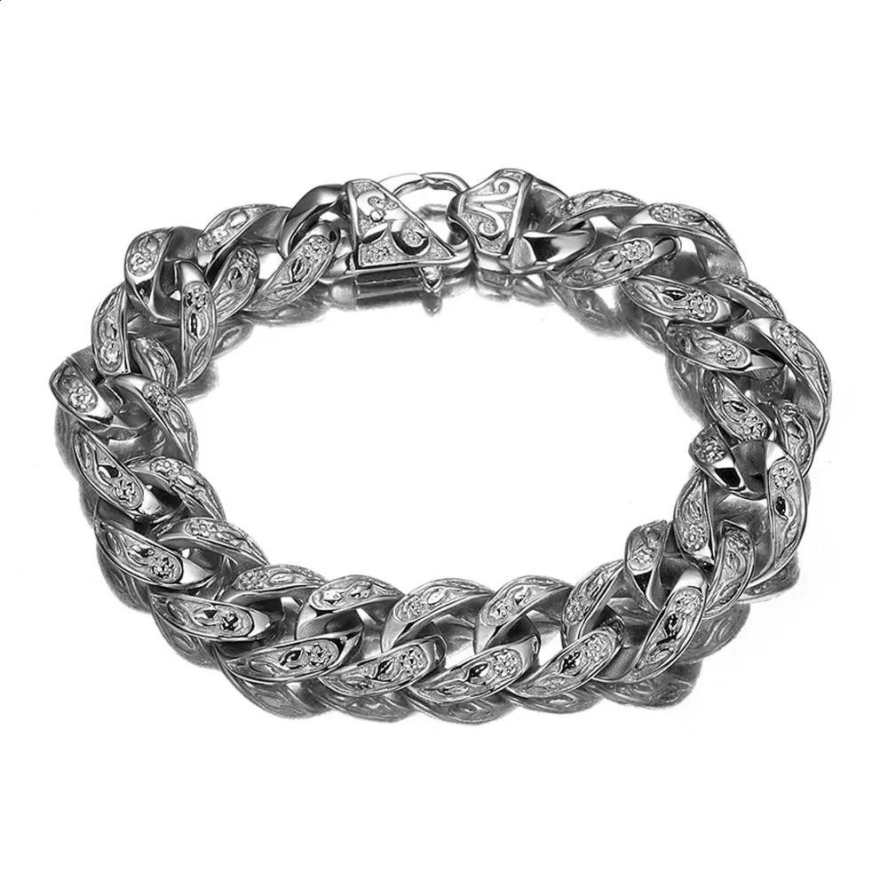 15MM wide 9inch silver gold black 316L stainless steel curly Cuban chain bracelet used for mens fashion jewelry gifts 240912